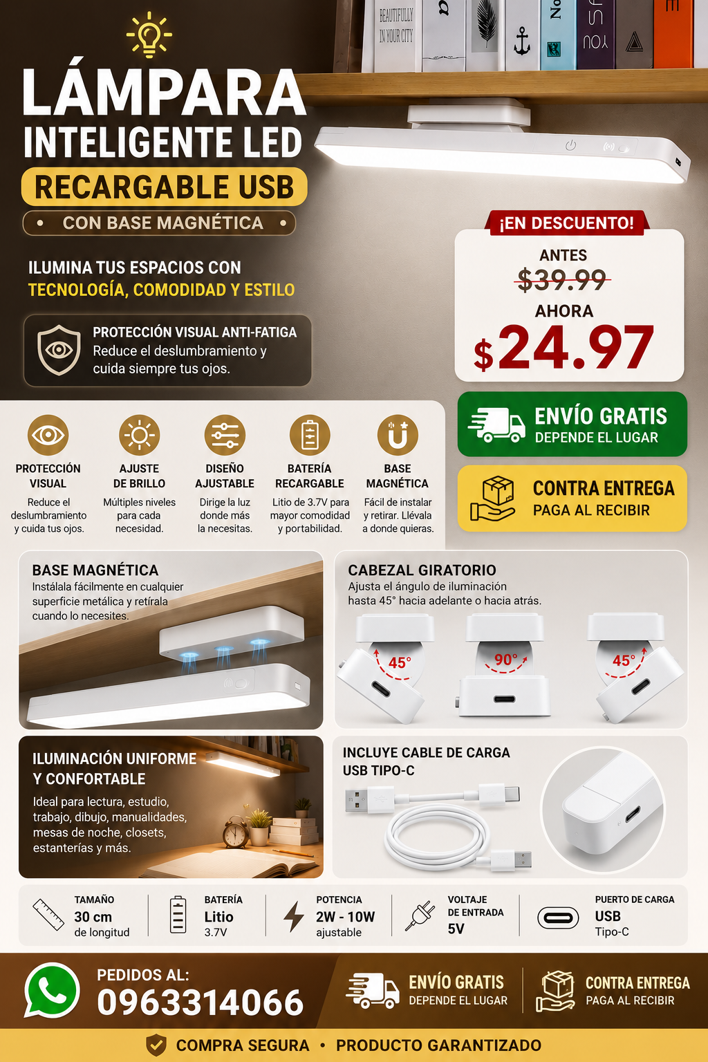 LÁMPARA INTELIGENTE LED RECARGABLE USB CON BASE MAGNÉTICA💡